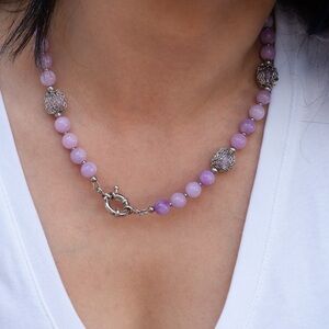 Art nouveau statement necklace with lavender amethyst beads and silver chain